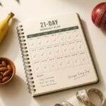 21 day home workout and diet planner notebook with cricket ball, healthy snacks and water bottle — a complete home fitness and nutrition guide