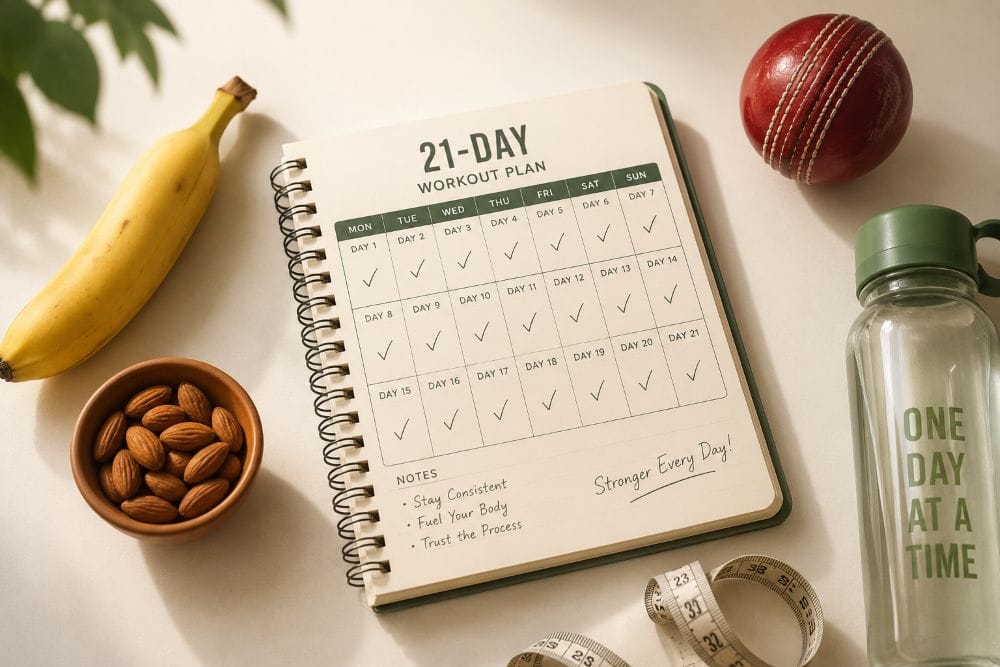 21 day home workout and diet planner notebook with cricket ball, healthy snacks and water bottle — a complete home fitness and nutrition guide