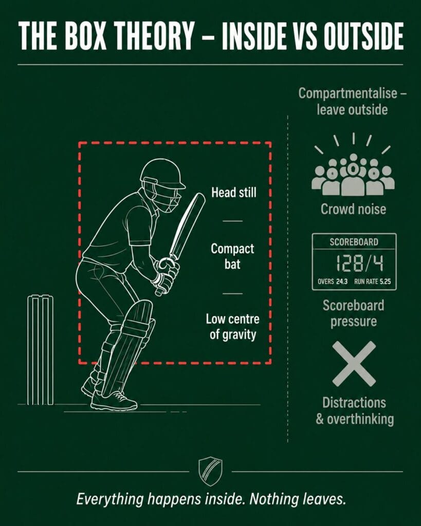 AB de Villiers' box theory visual – imaginary dashed box around batsman showing still head and compact bat