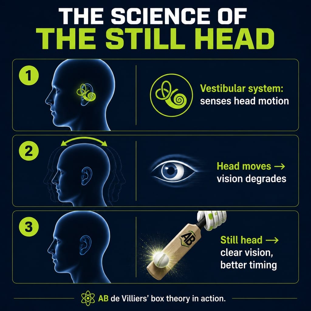 Infographic explaining the vestibular system and why a still head improves batting vision and balance- AB de Villiers Box Theory'