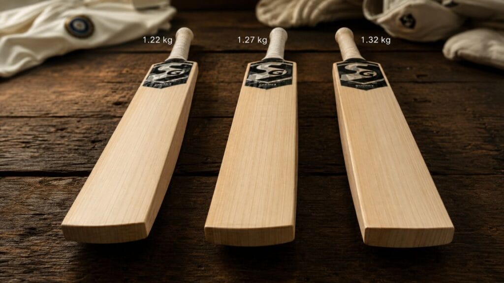 Cricket bat weight comparison — 1.22 kg, 1.27 kg and 1.32 kg bats for stroke play, all-round and power hitting
