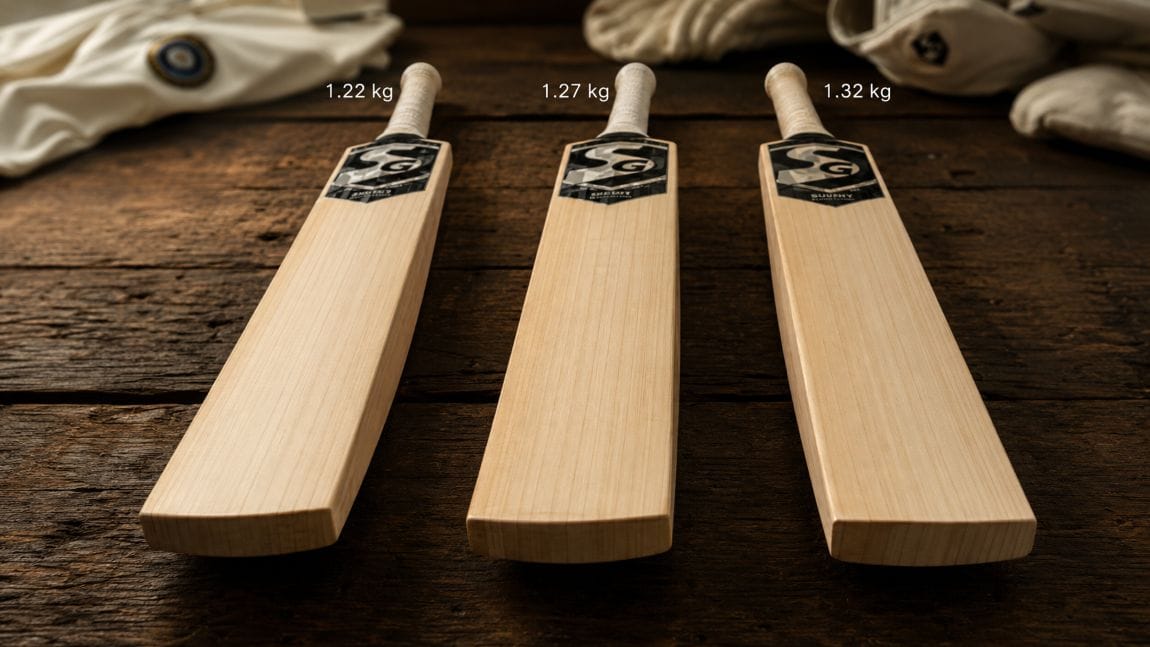 Cricket bat weight comparison — 1.22 kg, 1.27 kg and 1.32 kg bats for stroke play, all-round and power hitting