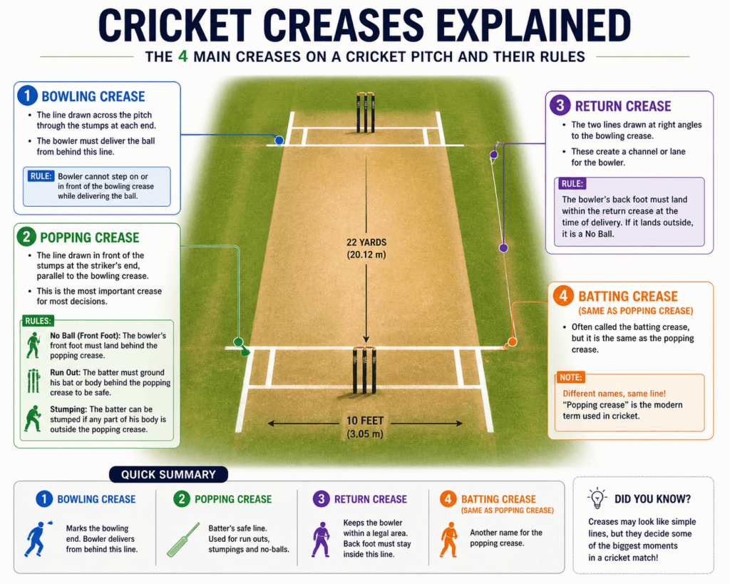 Diagram showing all four cricket creases on a pitch with measurements: bowling crease, popping crease, return crease, and batting crease explained