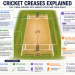 Diagram showing all four cricket creases on a pitch with measurements: bowling crease, popping crease, return crease, and batting crease explained