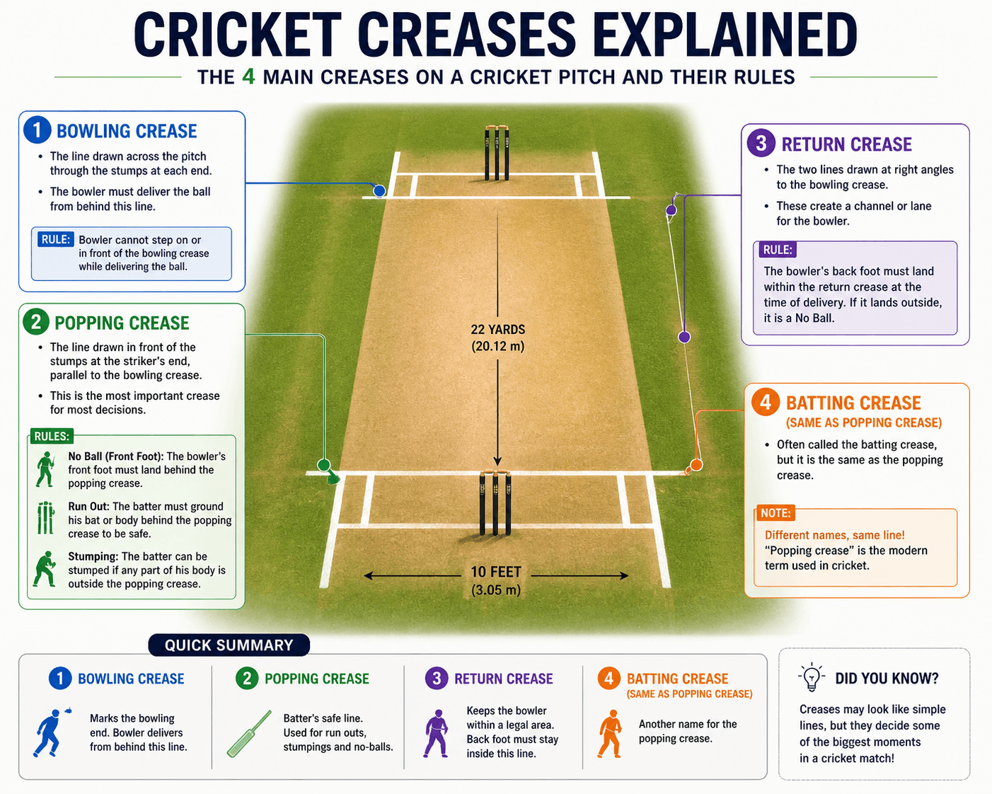 Diagram showing all four cricket creases on a pitch with measurements: bowling crease, popping crease, return crease, and batting crease explained