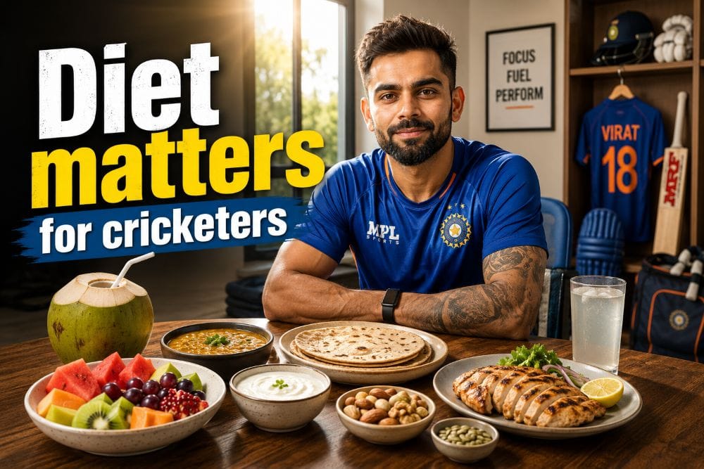 Diet plan for cricketers in India — balanced meal spread for Indian cricket players including dal, roti, and protein sources