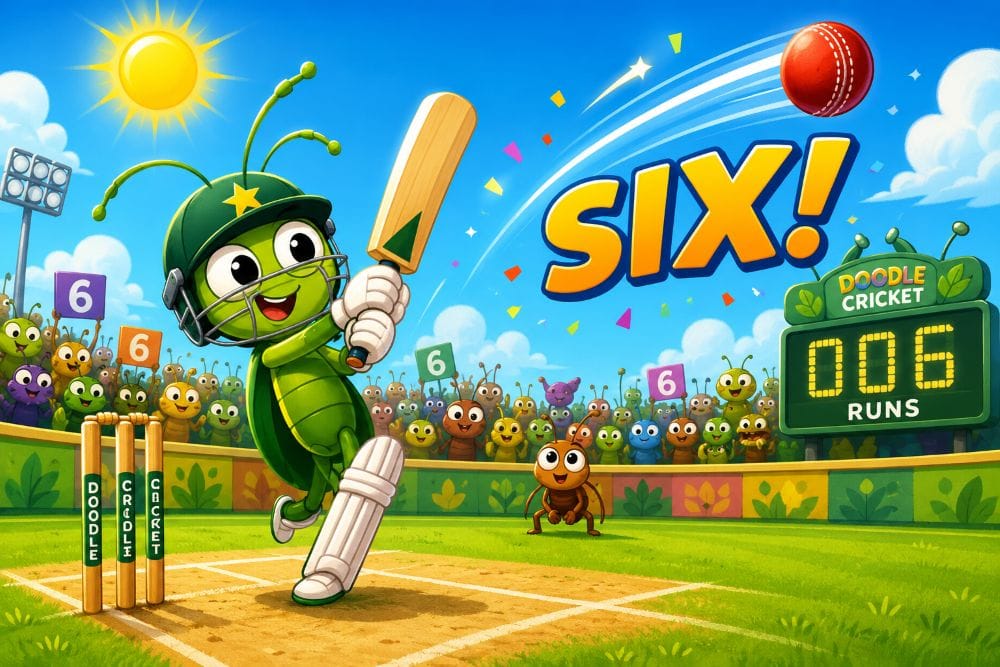 Doodle Cricket cartoon batsman hitting six