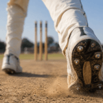 Best cricket shoes for fast bowlers in India — spiked shoe at delivery stride on hard pitch