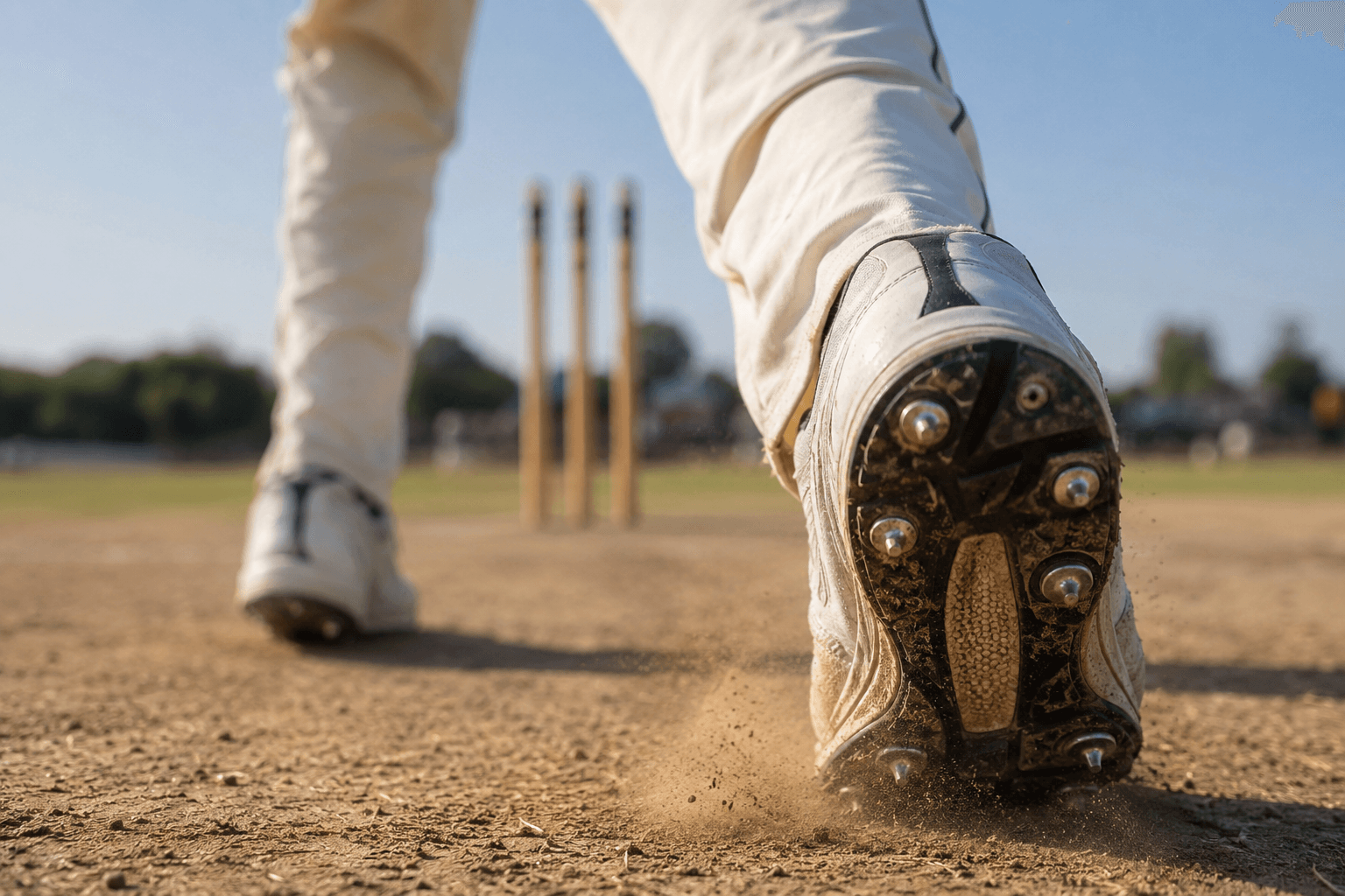 Best cricket shoes for fast bowlers in India — spiked shoe at delivery stride on hard pitch