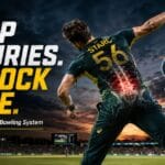 Fast bowling injury prevention guide featured image showing a fast bowler in delivery stride with an anatomical lumbar spine overlay highlighting the pars interarticularis and text reading Stop Injuries. Unlock Pace. The 4-Pillar Fast Bowling System.