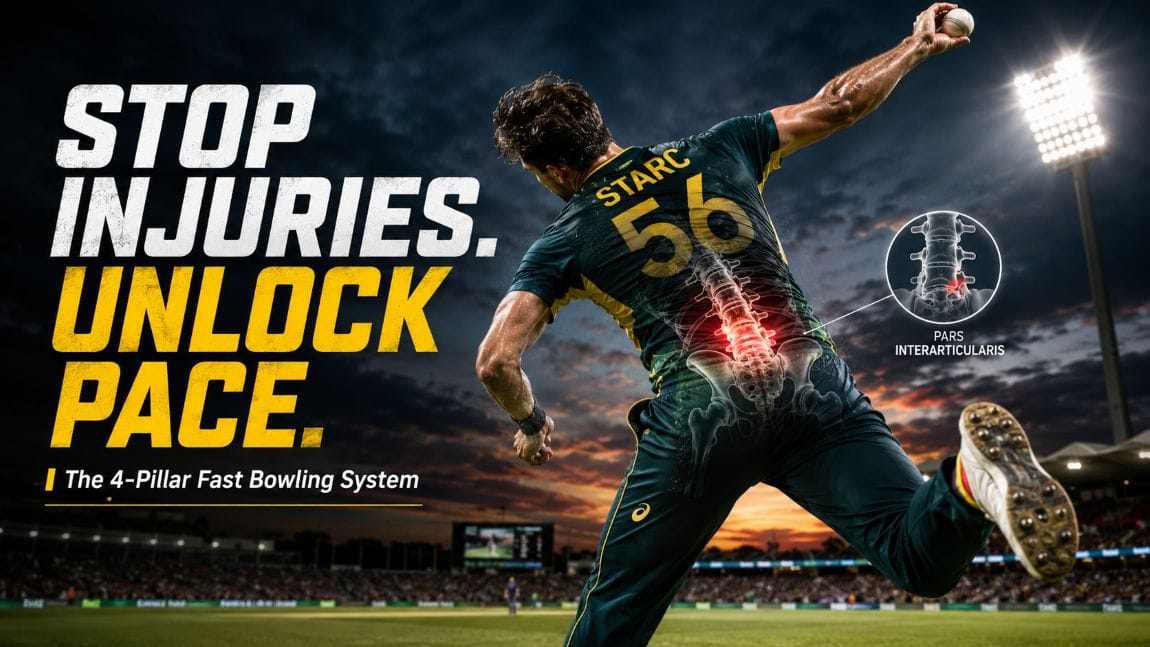 Fast bowling injury prevention guide featured image showing a fast bowler in delivery stride with an anatomical lumbar spine overlay highlighting the pars interarticularis and text reading Stop Injuries. Unlock Pace. The 4-Pillar Fast Bowling System.