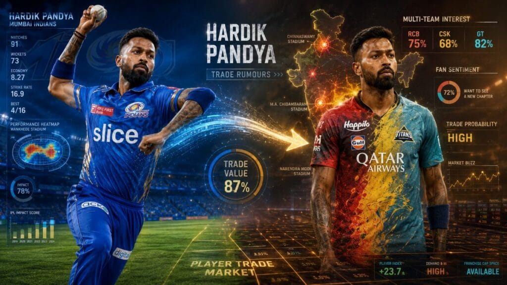 Feature image showing Hardik Pandya in Mumbai Indians jersey on one side and in a blend of IPL team colours on the other, with data arrows and stadium heatmaps visualizing the Hardik Pandya trade probability across all franchises.