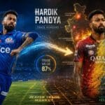 Feature image showing Hardik Pandya in Mumbai Indians jersey on one side and in a blend of IPL team colours on the other, with data arrows and stadium heatmaps visualizing the Hardik Pandya trade probability across all franchises.