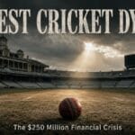 Empty Test cricket stadium with lone spectator and worn red ball on dry pitch, symbolizing the question is Test cricket dying due to financial crisis and player exodus to T20 leagues.