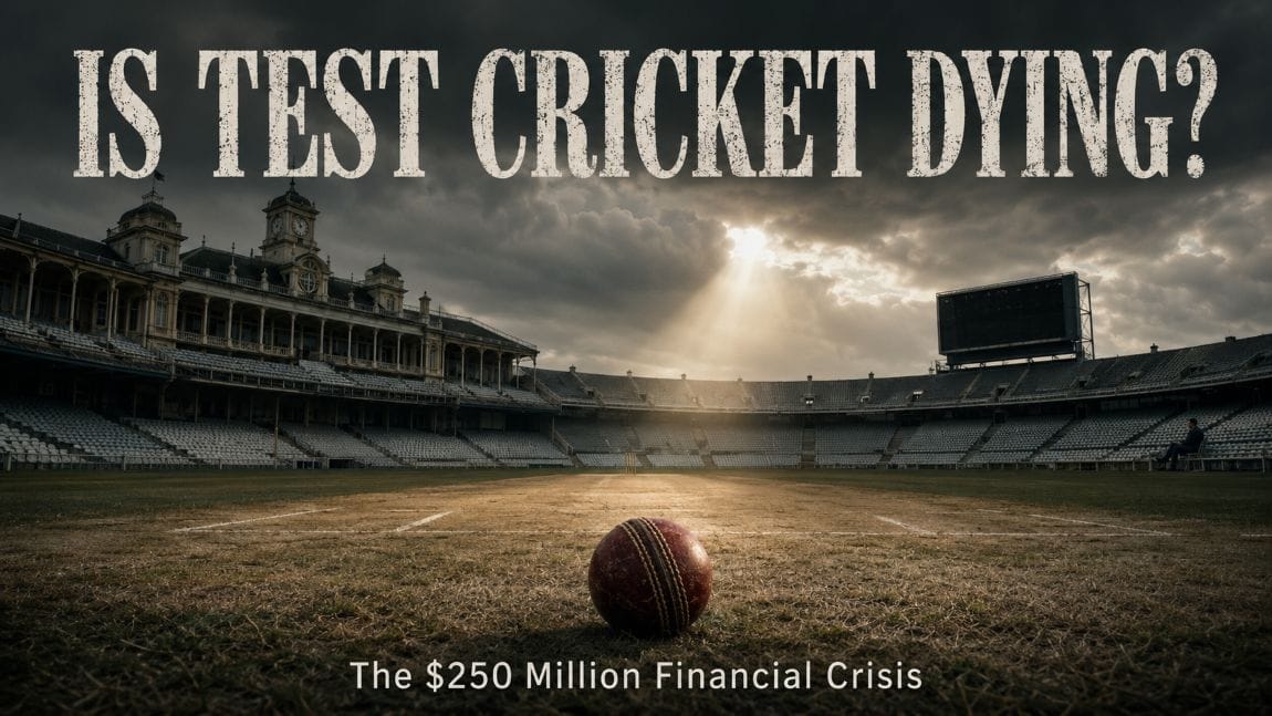 Empty Test cricket stadium with lone spectator and worn red ball on dry pitch, symbolizing the question is Test cricket dying due to financial crisis and player exodus to T20 leagues.