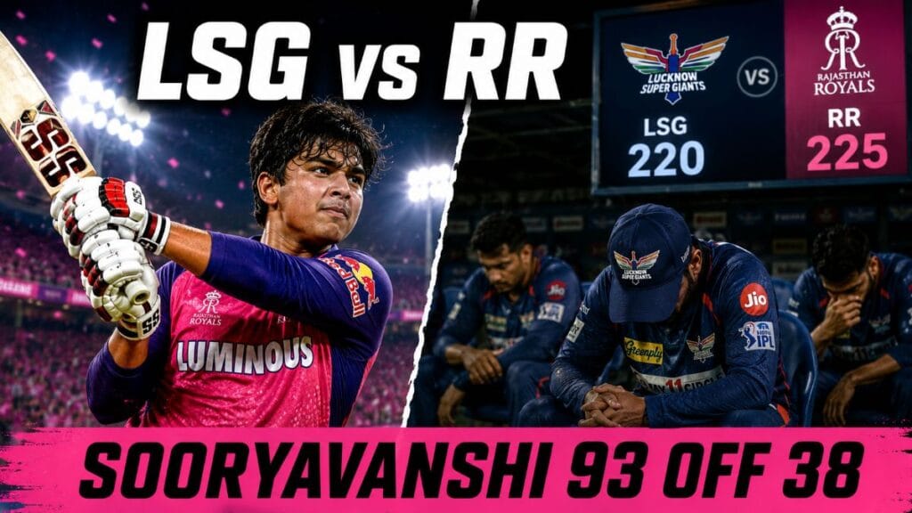 Vaibhav Sooryavanshi batting for Rajasthan Royals against Lucknow Super Giants in LSG vs RR IPL 2026 match 64 at Sawai Mansingh Stadium Jaipur