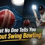 A cricket ball swinging through the air with visible seam position, illustrating the science of swing bowling in cricket.