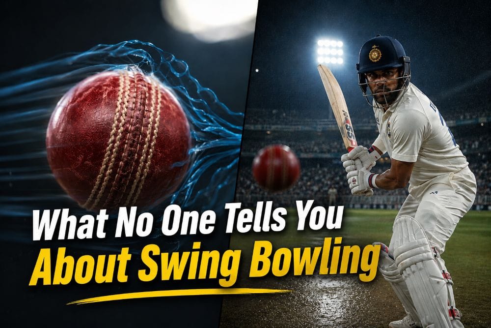 A cricket ball swinging through the air with visible seam position, illustrating the science of swing bowling in cricket.