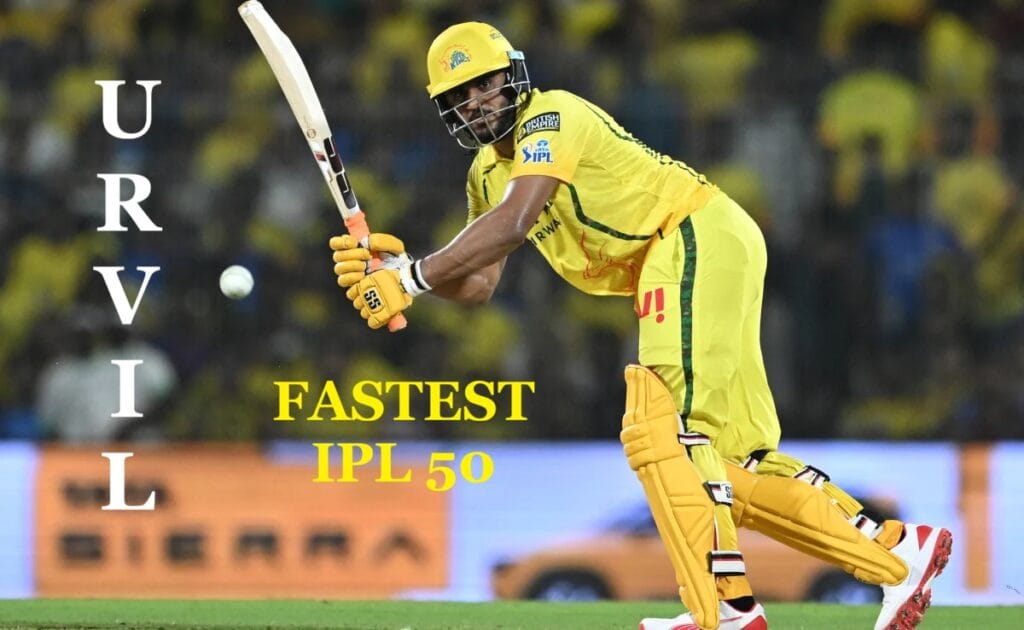 Urvil Patel hitting massive six during fastest IPL fifty
