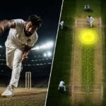 Fast bowler bowling a perfect yorker in T20 death overs with pitch heatmap overlay