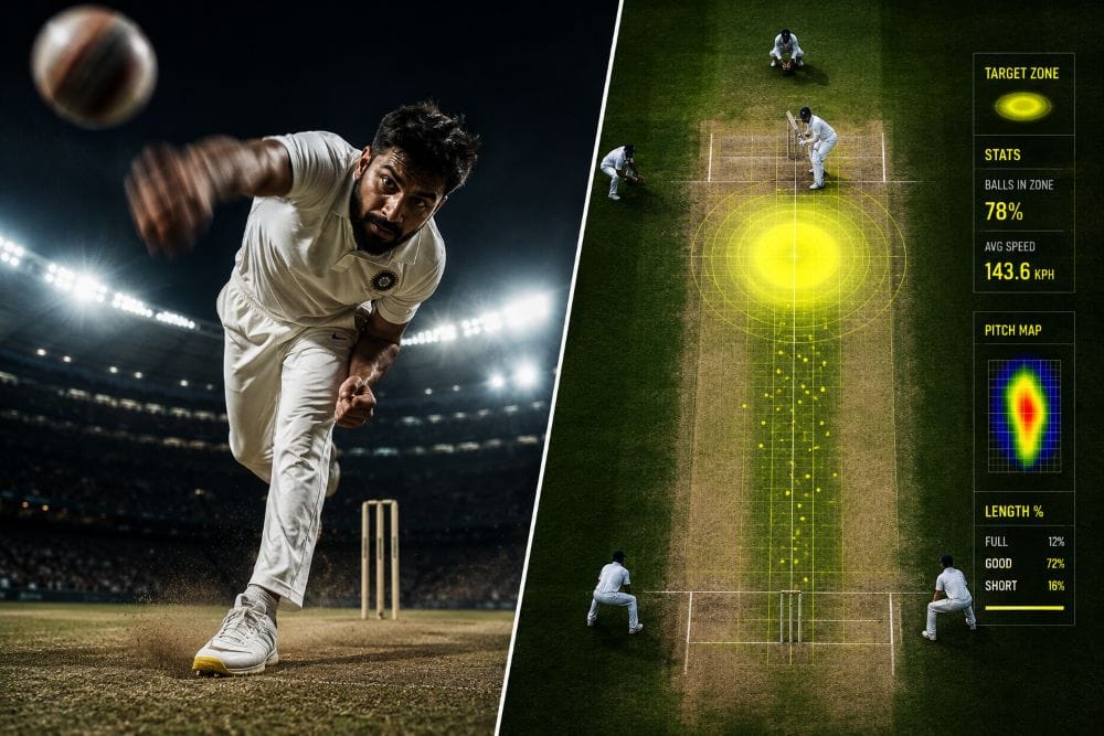 Fast bowler bowling a perfect yorker in T20 death overs with pitch heatmap overlay