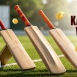 Three Kashmir willow cricket bats arranged diagonally with natural wood grains and red handles. Text overlay reads 'Best Kashmir willow bats under ₹2000 – 2026 Guide'. Golden rupee coins floating around. Green cricket pitch background.