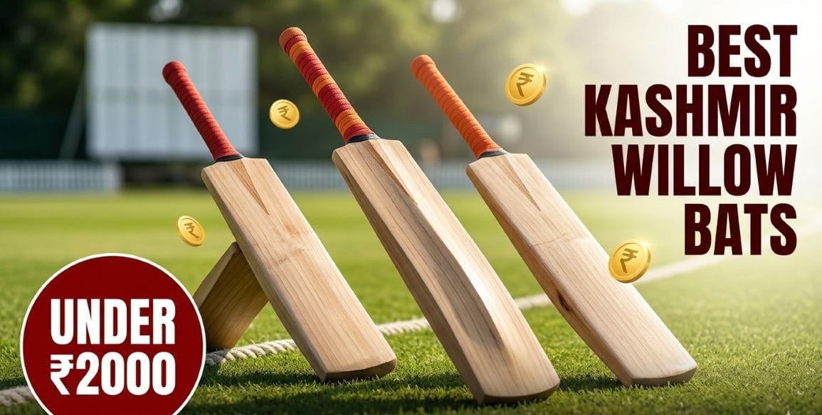 Three Kashmir willow cricket bats arranged diagonally with natural wood grains and red handles. Text overlay reads 'Best Kashmir willow bats under ₹2000 – 2026 Guide'. Golden rupee coins floating around. Green cricket pitch background.