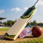 Best cricket bat under ₹2000 – Kashmir willow bat with thick edges placed diagonally next to a ₹2000 note on a green cricket outfield.
