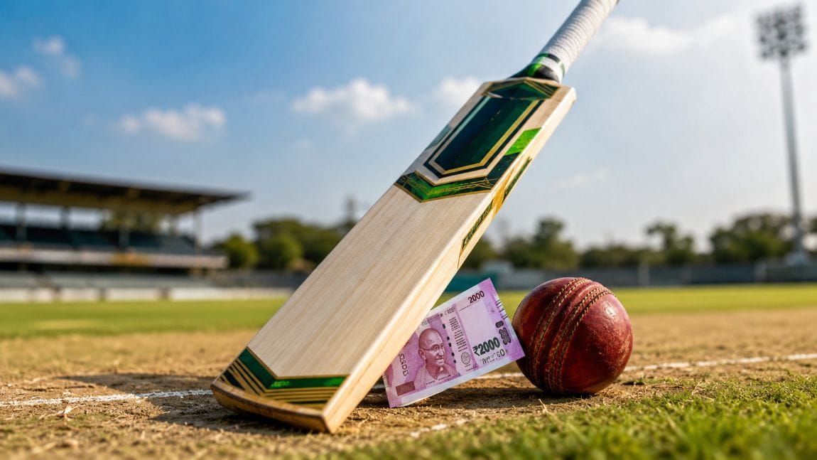 Best cricket bat under ₹2000 – Kashmir willow bat with thick edges placed diagonally next to a ₹2000 note on a green cricket outfield.