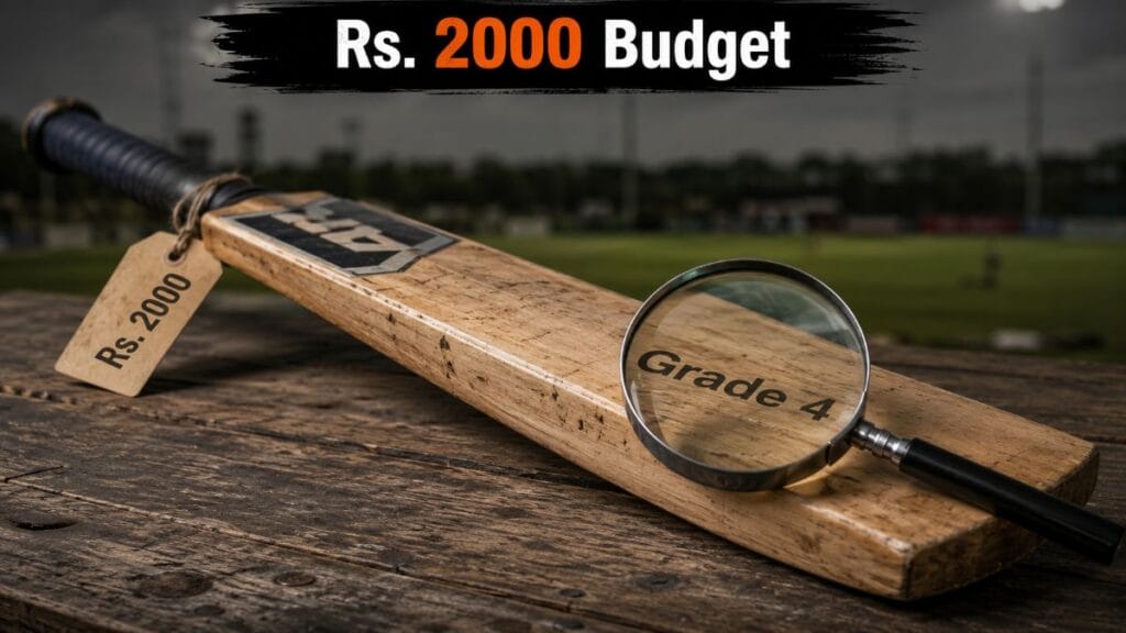 Best English willow bats under Rs. 2000 - comparing Grade 4 and Grade 5 budget cricket bats on wooden surface with price tag