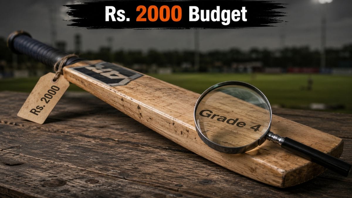 Best English willow bats under Rs. 2000 - comparing Grade 4 and Grade 5 budget cricket bats on wooden surface with price tag