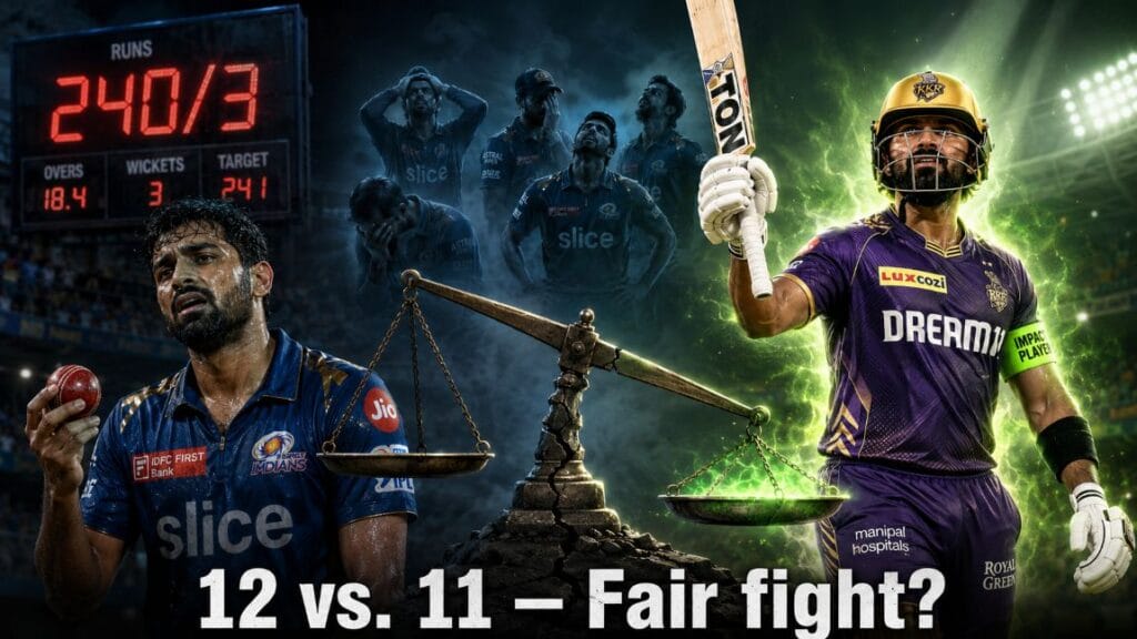 Split illustration showing tired bowler and fresh Impact Player batter with a cracked scale, representing the unfairness of the Impact Player rule in IPL
