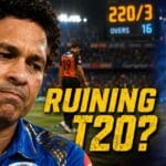 Sachin Tendulkar looking disappointed as the Impact Player rule in IPL adds a 12th batter, making bowlers struggle on a scoreboard showing 220 runs.