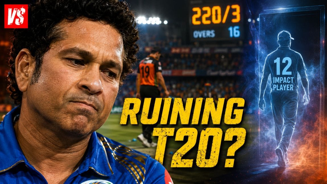 Sachin Tendulkar looking disappointed as the Impact Player rule in IPL adds a 12th batter, making bowlers struggle on a scoreboard showing 220 runs.
