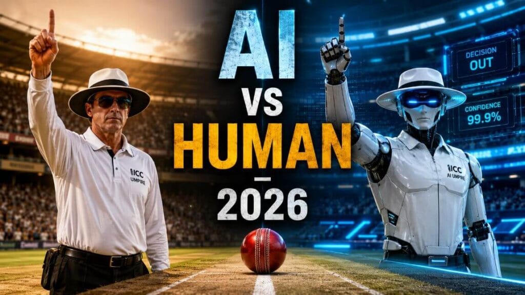 AI cricket umpires vs human umpire face-off: robot AI umpire and worried human umpire with stumps, 2026 prediction thumbnail.