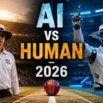 AI cricket umpires vs human umpire face-off: robot AI umpire and worried human umpire with stumps, 2026 prediction thumbnail.